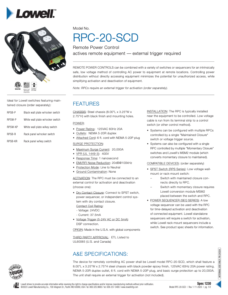 Page 1 of the manual User Manual Lowell RPC-20-SCD