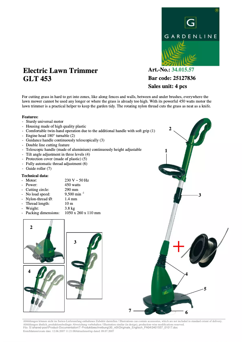 Page 1 of the manual Technical Sheet Gardenline GLT 453