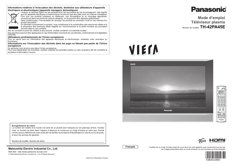 First page image of the manual for Viera TH-42PA45E