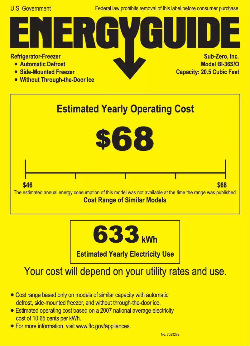 Page 1 of the manual Energy Label Sub-Zero BI-36S/O