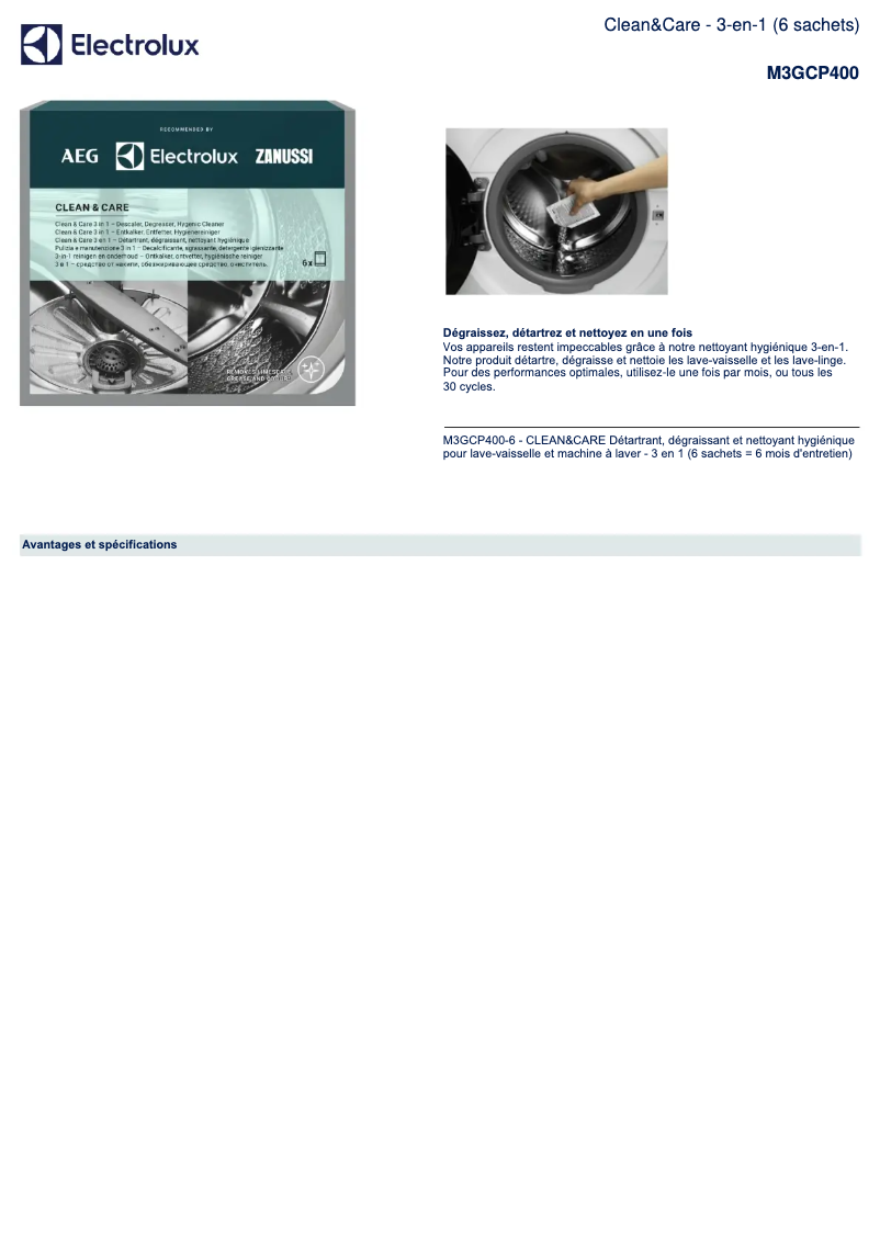 Page 1 of the manual Technical Sheet Electrolux M3GCP400