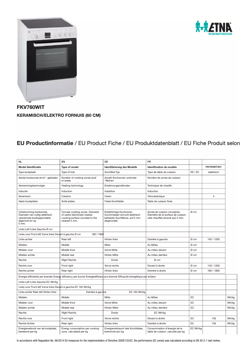 Page 1 of the manual Technical Sheet Etna FKV760WIT