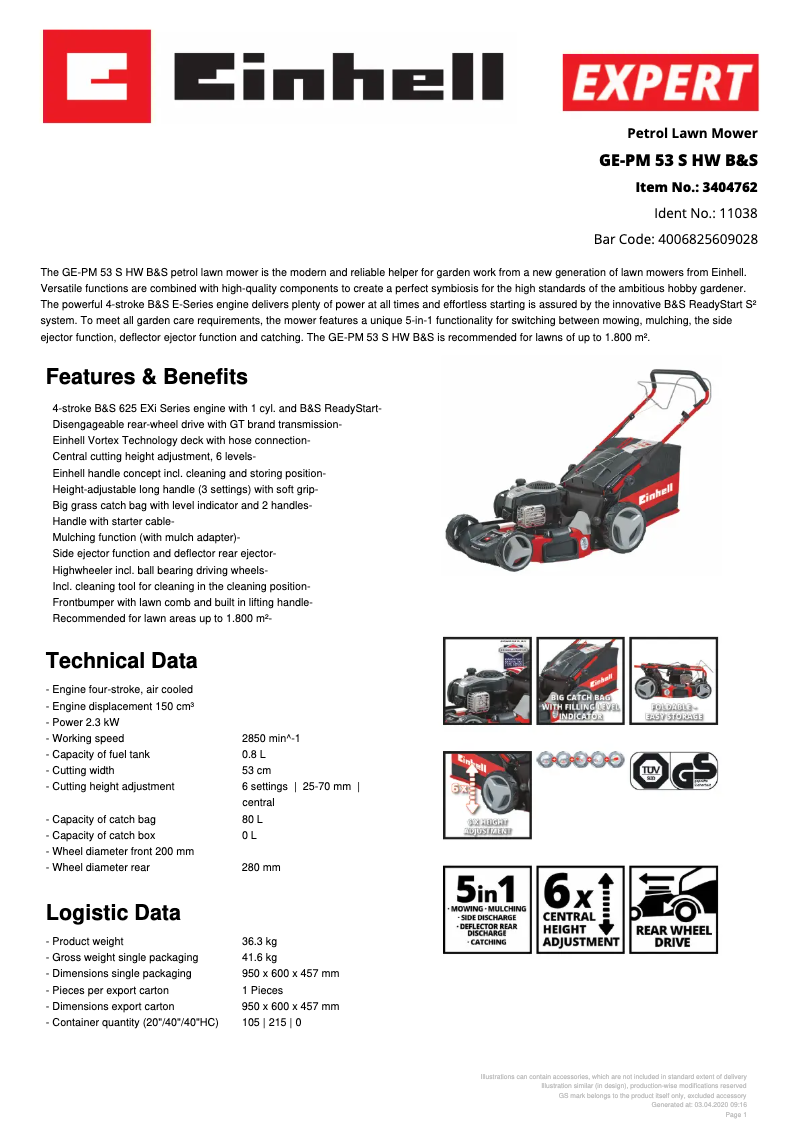 Page 1 of the manual Technical Sheet Einhell GE-PM 53 S HW B&S