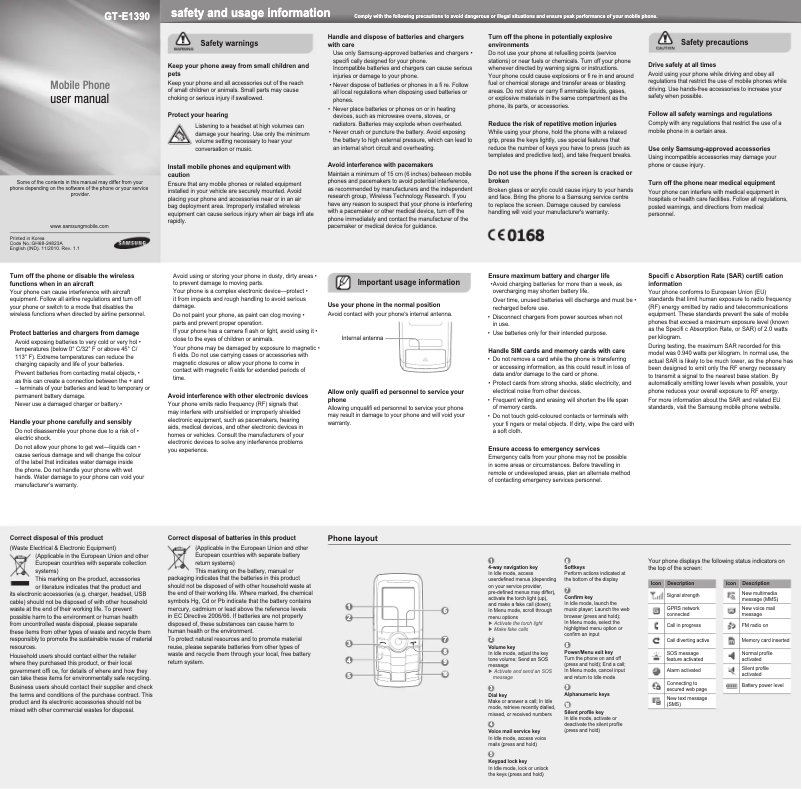 Page 1 of the manual User Manual Samsung GT-E1390
