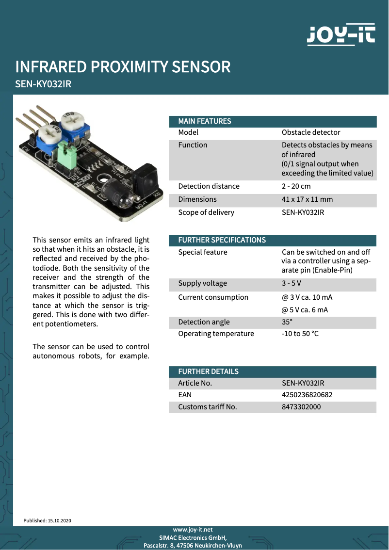 Image de la première page du manuel de l'appareil SEN-KY032IR
