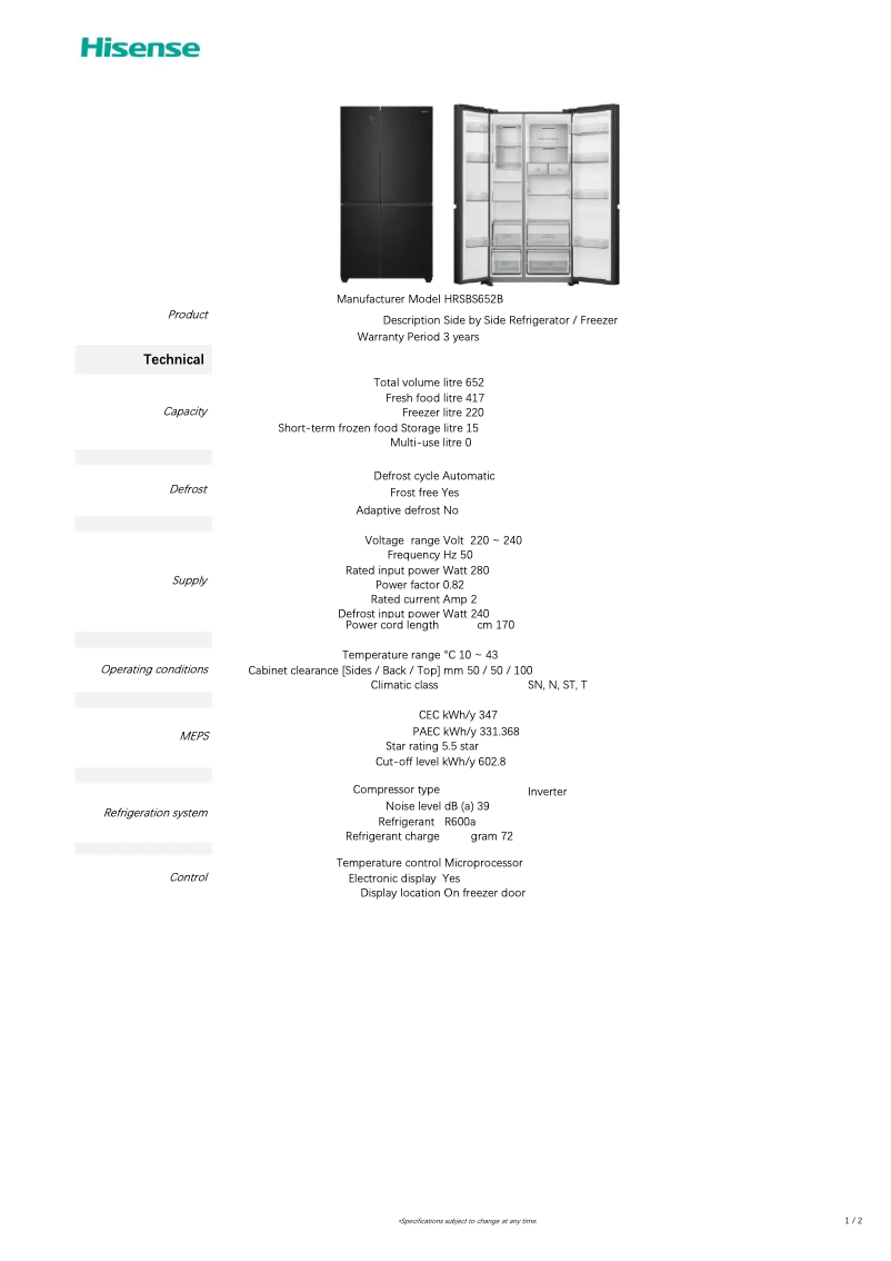 Page 1 of the manual Technical Sheet Hisense HRSBS652B