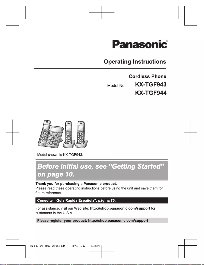 Page 1 de la notice Manuel utilisateur Panasonic KX-TGF944