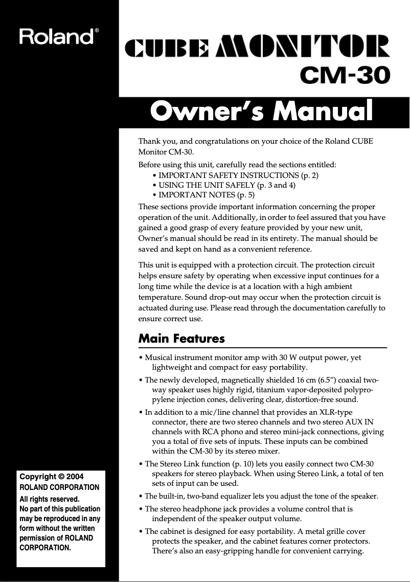 Page 1 of the manual User Manual Roland CM-30