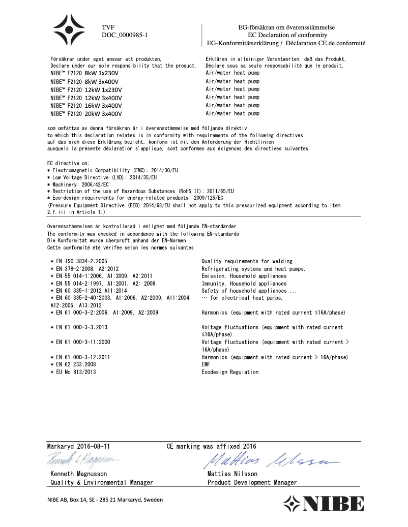 Page 1 de la notice Manuel utilisateur Nibe F2120