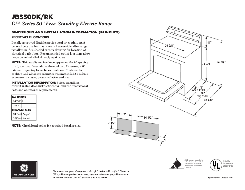 Page 1 of the manual Technical Sheet GE JBS30DKWW