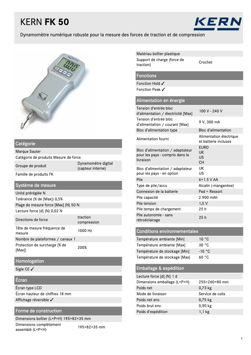 Page 1 of the manual Technical Sheet Kern FK 50
