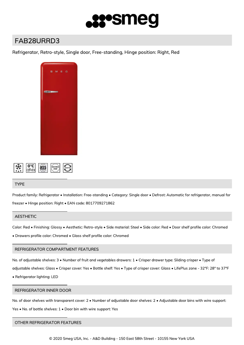 Page 1 of the manual Technical Sheet Smeg FAB28URRD3