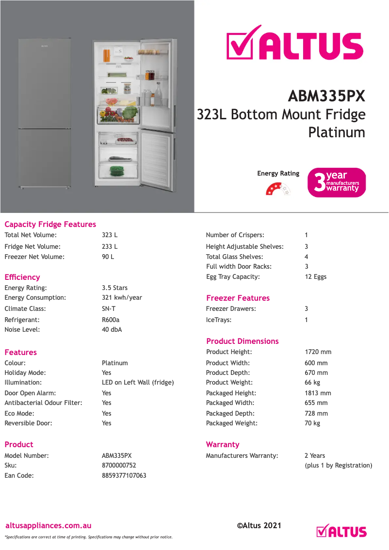 Page 1 of the manual Technical Sheet Altus ABM335PX