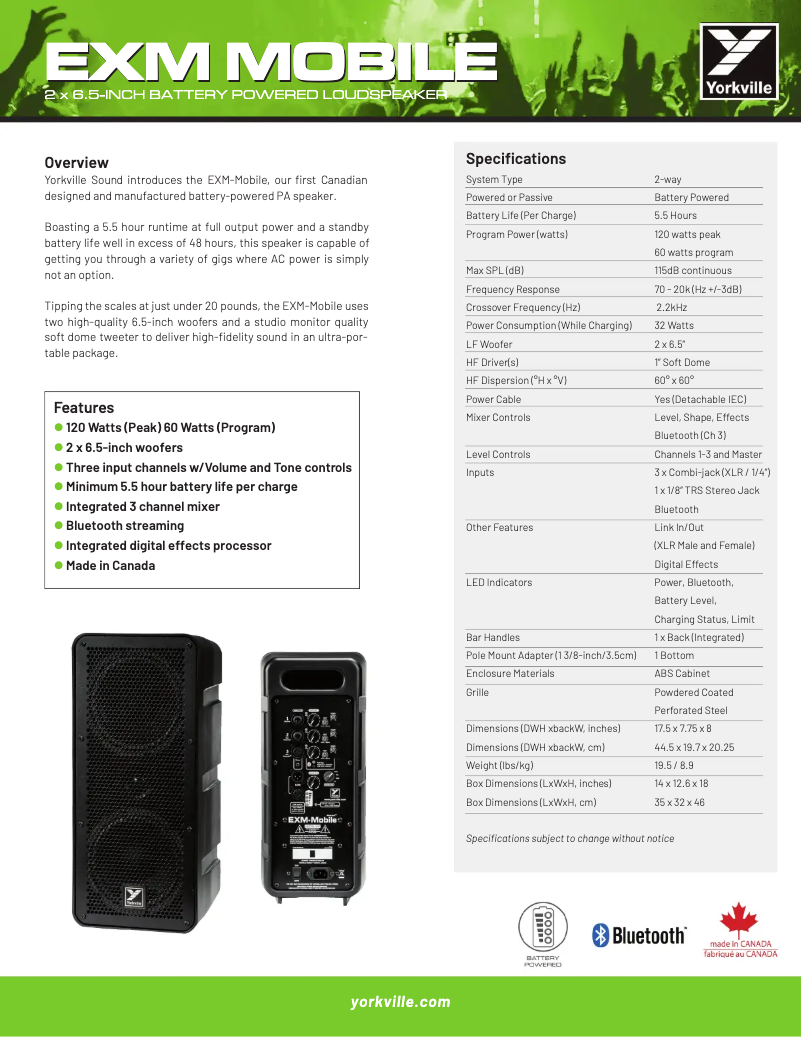 Page 1 de la notice Fiche technique Yorkville EXM Mobile