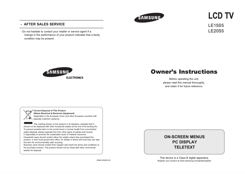 First page image of the manual for LE15S51BP