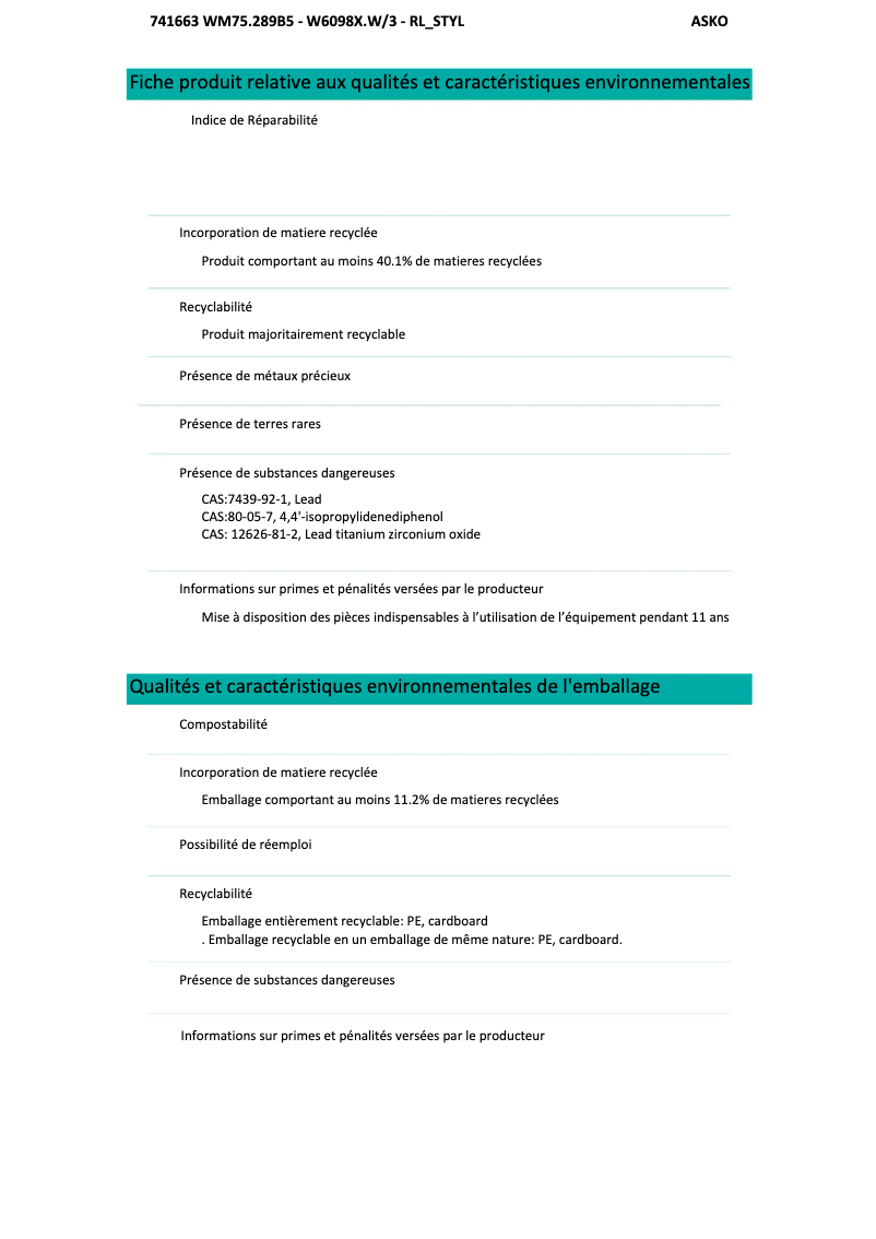 Page 1 of the manual Technical Sheet Asko W6098X.W/3