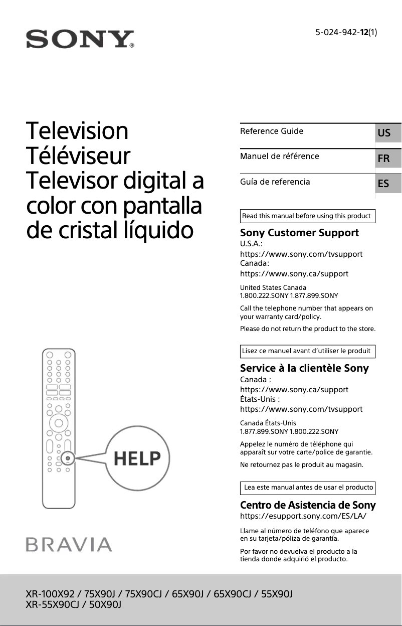 Page 1 of the manual User Manual Sony XR-100X92