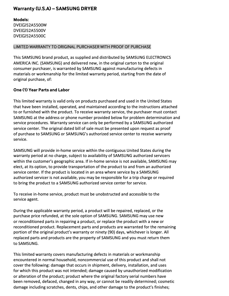 Page 1 of the manual Warranty Information Samsung DVG52A5500W