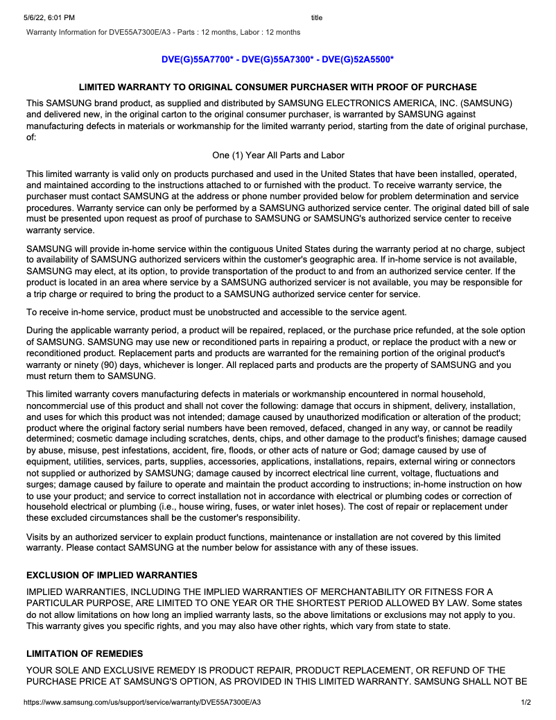 Page 1 of the manual Warranty Information Samsung DVE55A7300E