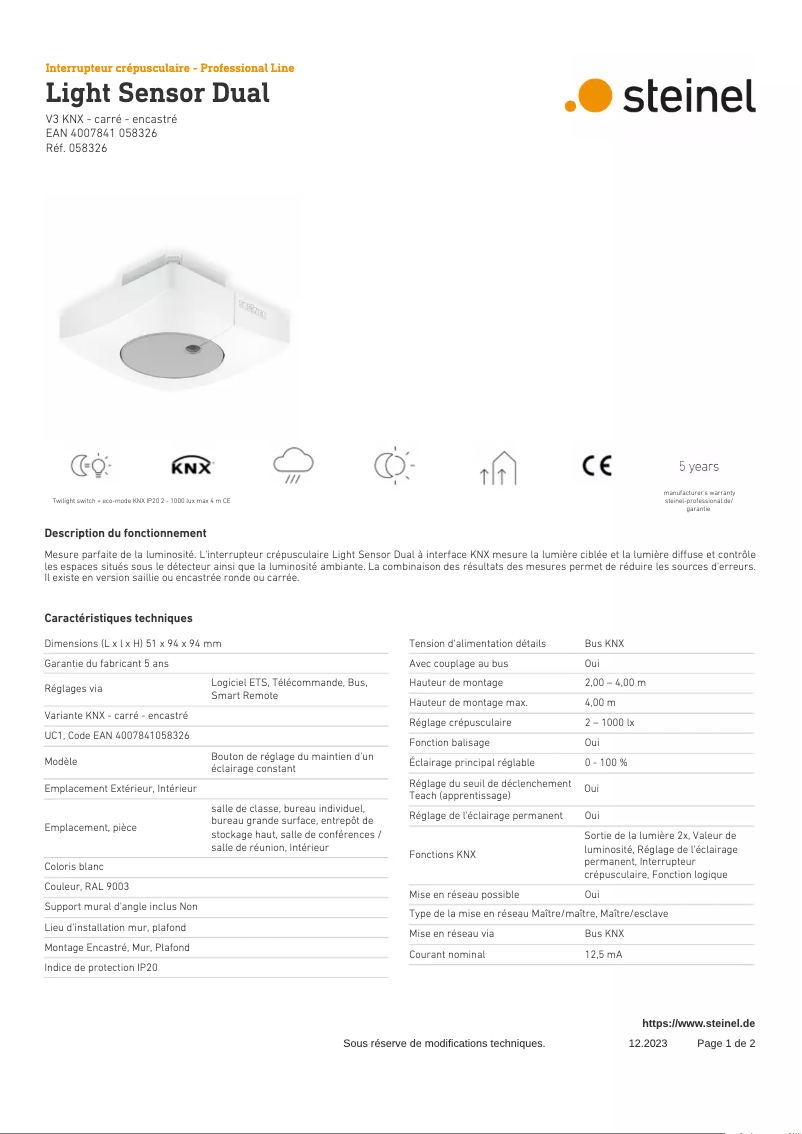 First page image of the manual for Light Sensor Dual KNX