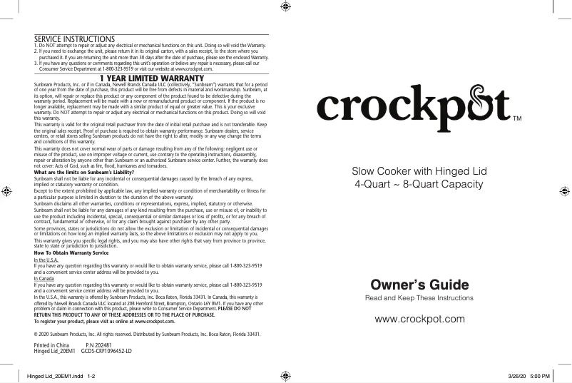Page 1 of the manual User Manual Crock-Pot CPSCVO45HL-BP