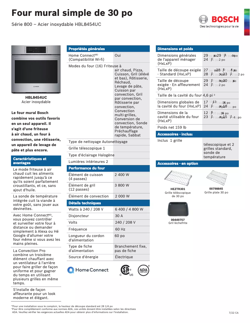 Page 1 of the manual Technical Sheet Bosch HBL8454UC