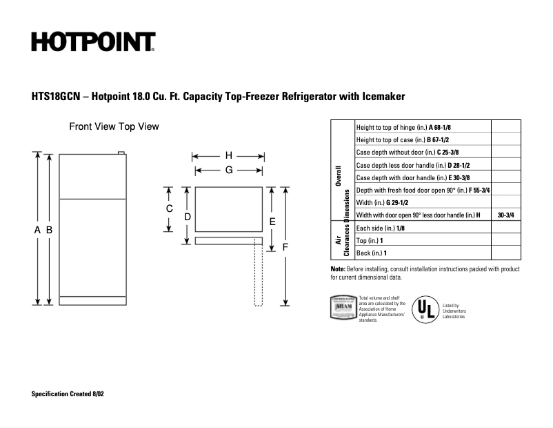 Page 1 of the manual Technical Sheet Hotpoint HTS18GCNWW
