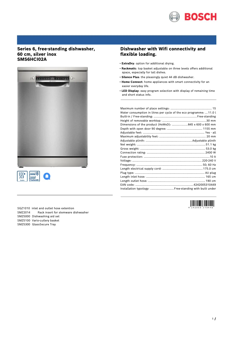 Page 1 of the manual Technical Sheet Bosch SMS6HCI02A