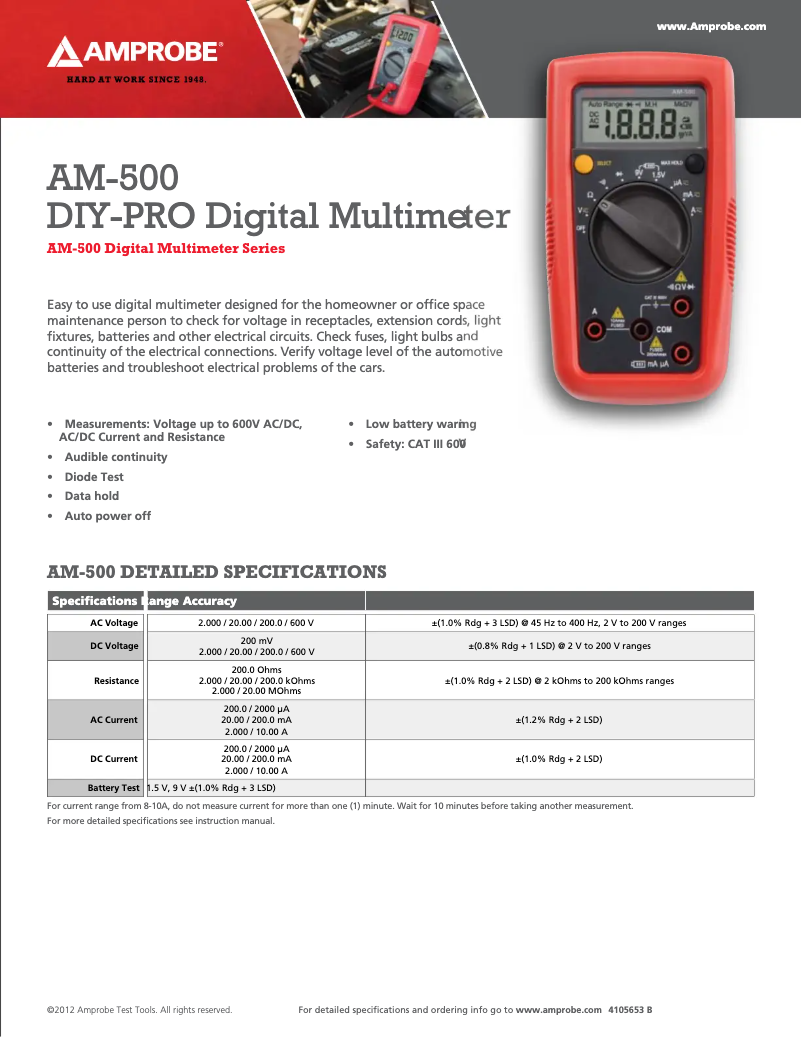 Page 1 of the manual Technical Sheet Amprobe AM-500