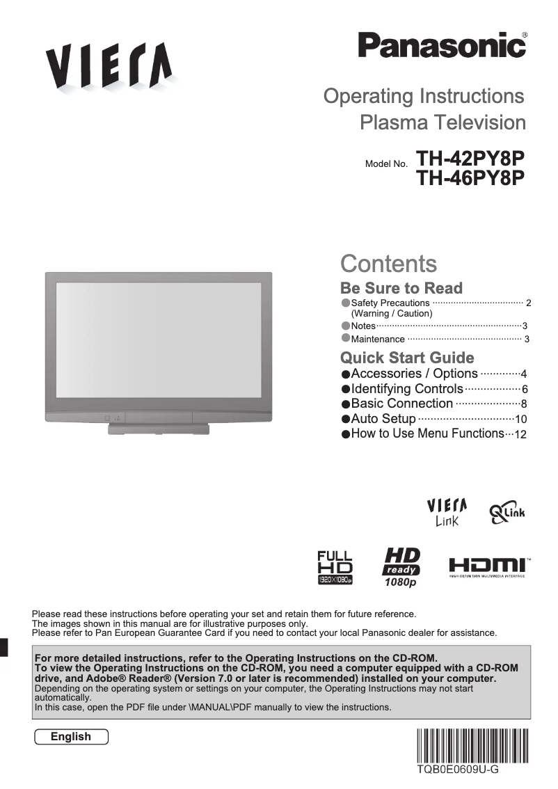 First page image of the manual for Viera TH-46PY8P
