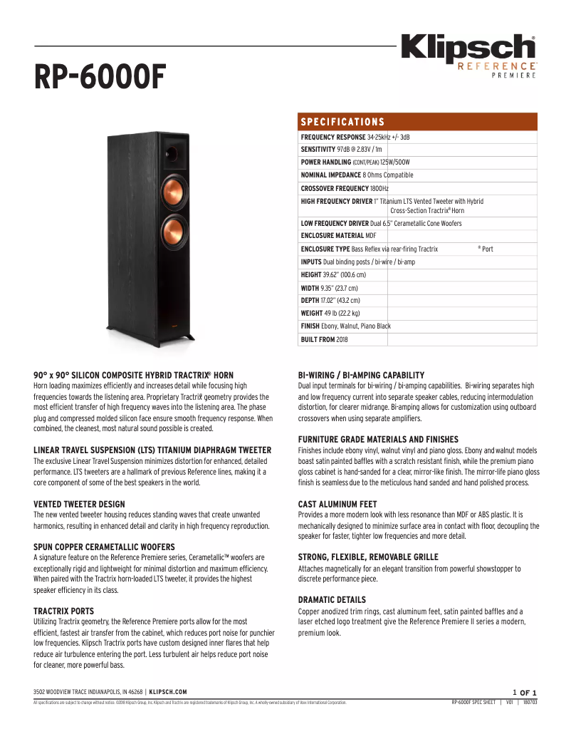 Page 1 of the manual Technical Sheet Klipsch Reference Premiere RP-6000F