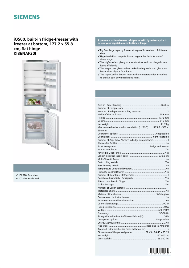 Page 1 of the manual Technical Sheet Siemens KI86NAF30I