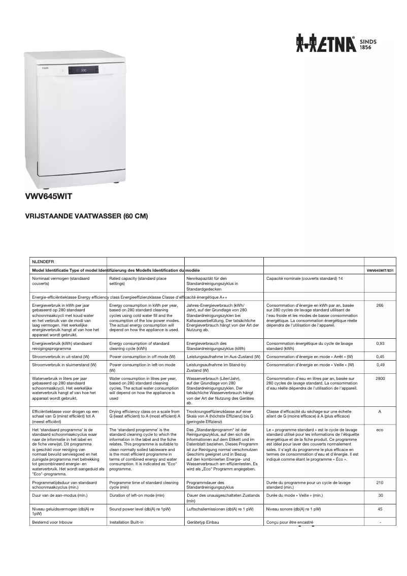 Page 1 of the manual Technical Sheet Etna VWV645WIT