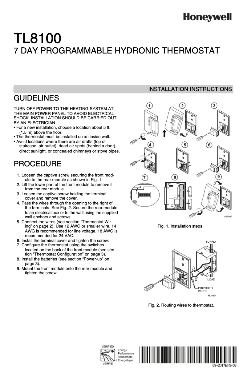 Page 1 of the manual Instructions / Assembly Honeywell TL8100A