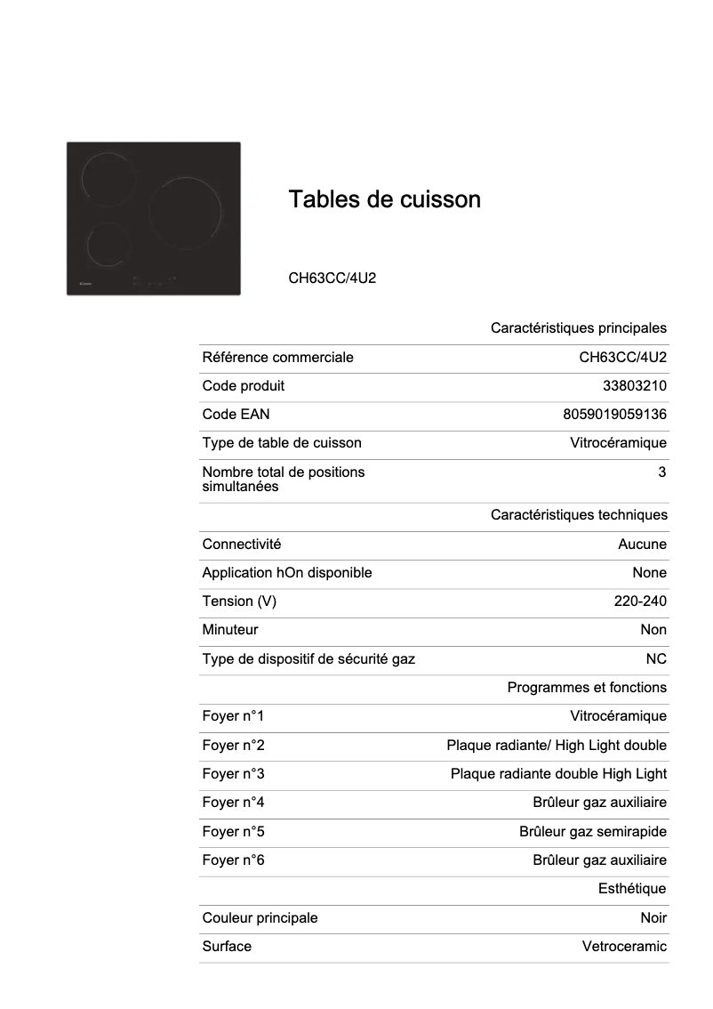 Page 1 of the manual Technical Sheet Candy CH63CC/4U2