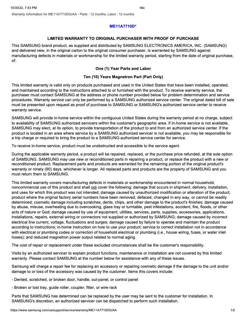 First page image of the manual for ME11A7710DG