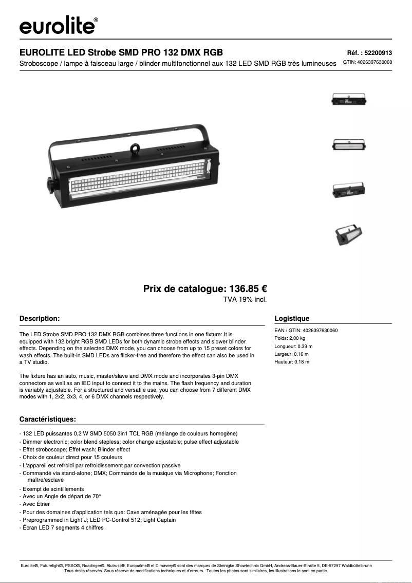 Page 1 of the manual Technical Sheet Eurolite LED Strobe SMD PRO 132 DMX RGB