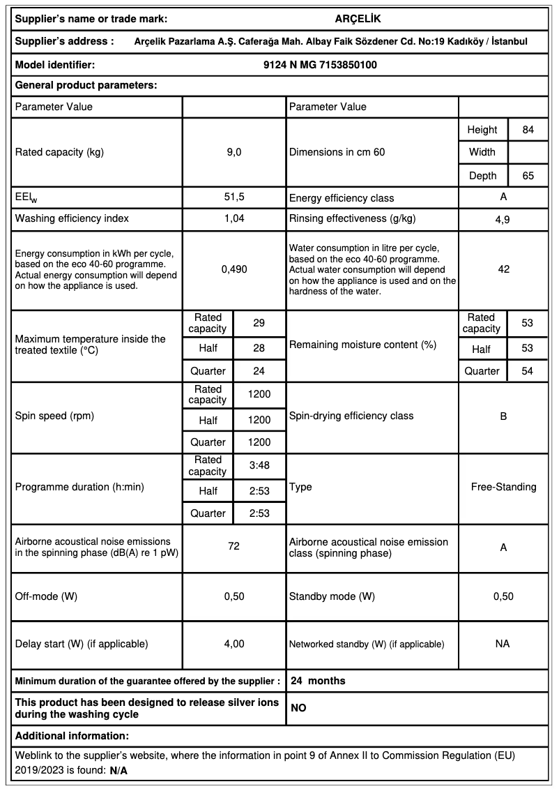 Page 1 of the manual Technical Sheet Arçelik 9124 N MG