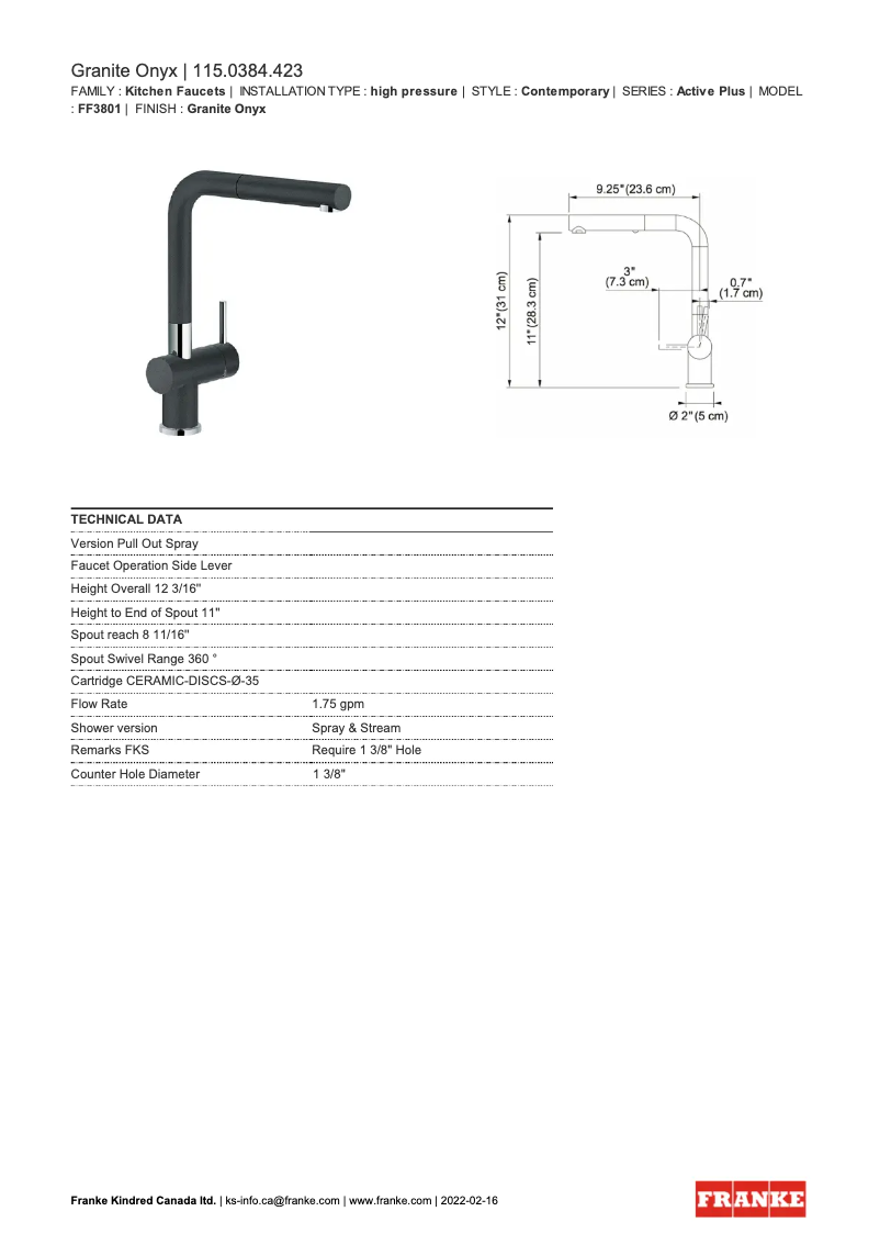 Page 1 de la notice Fiche technique Franke Active Plus FF3801