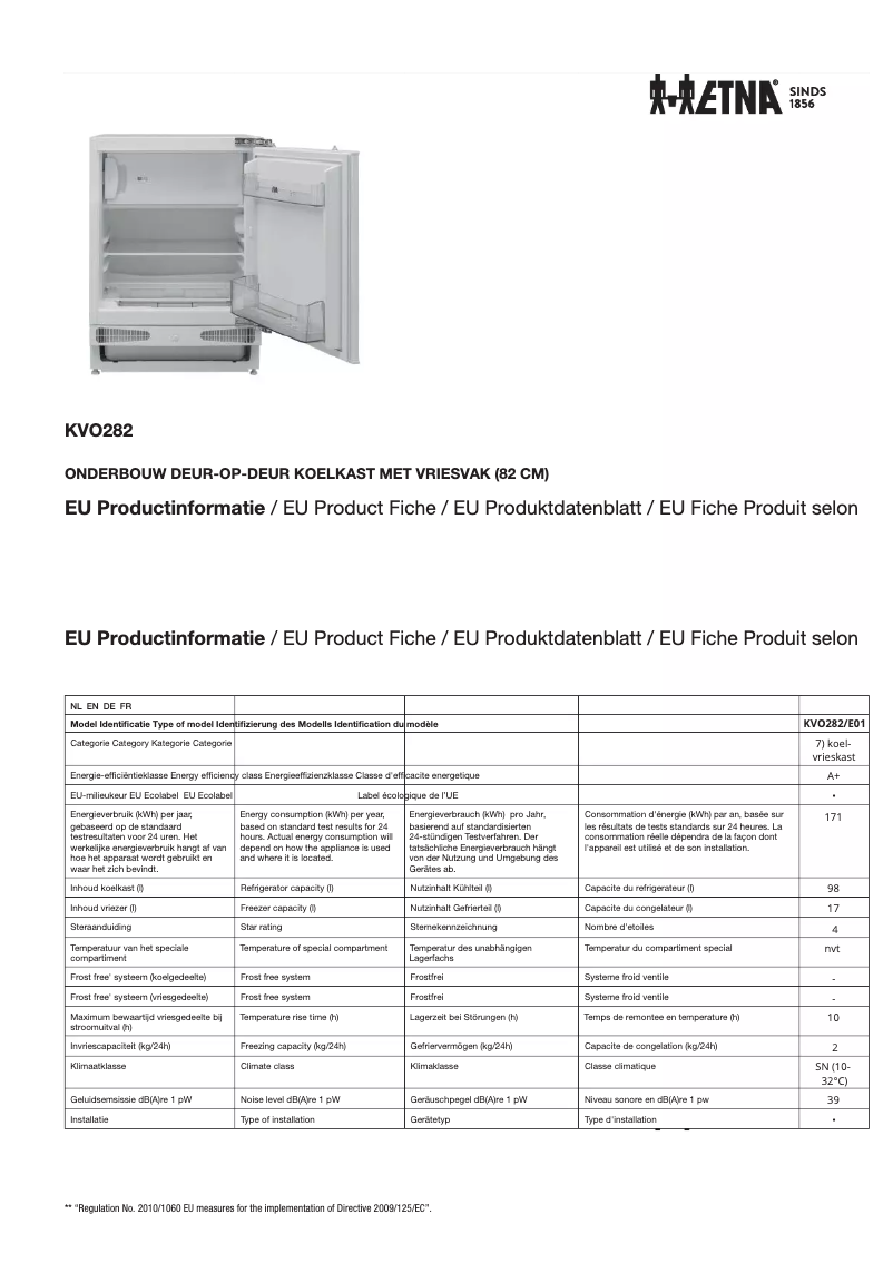 Page 1 of the manual Technical Sheet Etna KVO282