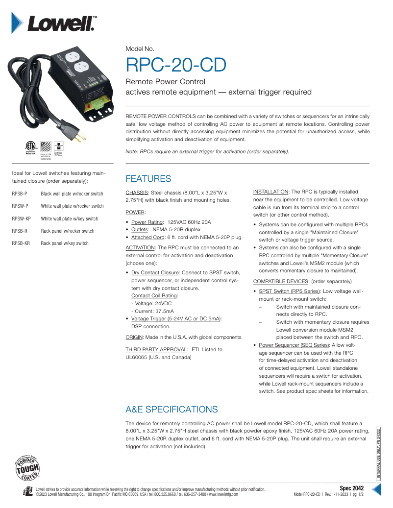 First page image of the manual for RPC-20-CD