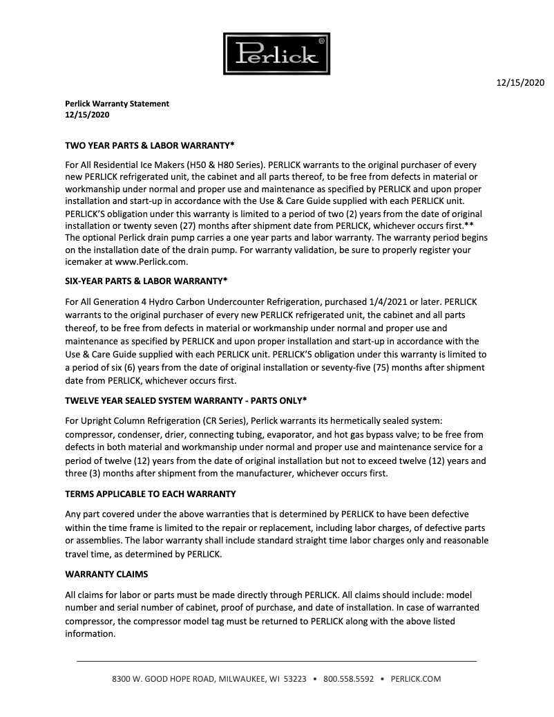 Page 1 of the manual Warranty Information Perlick HP24RS-4-5