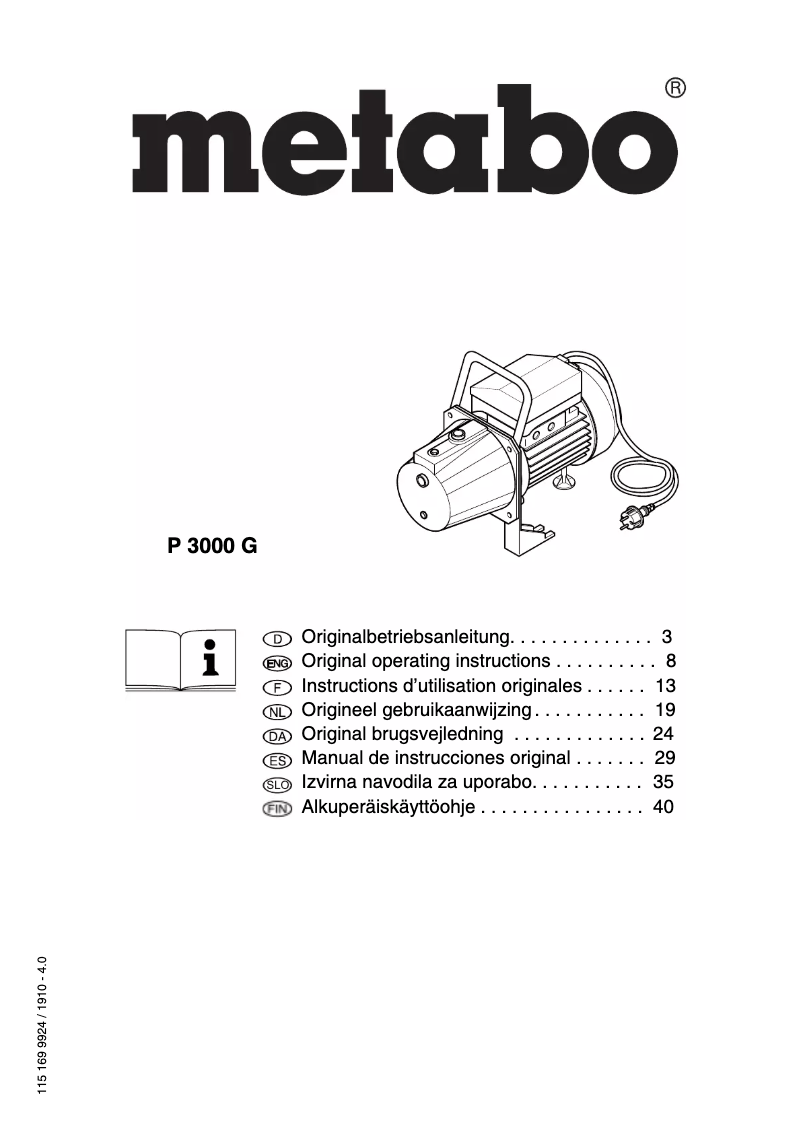 Page 1 of the manual User Manual Metabo P 3000 G