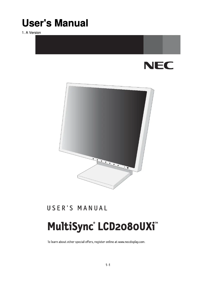 First page image of the manual for MultiSync LCD2080UXI-BK