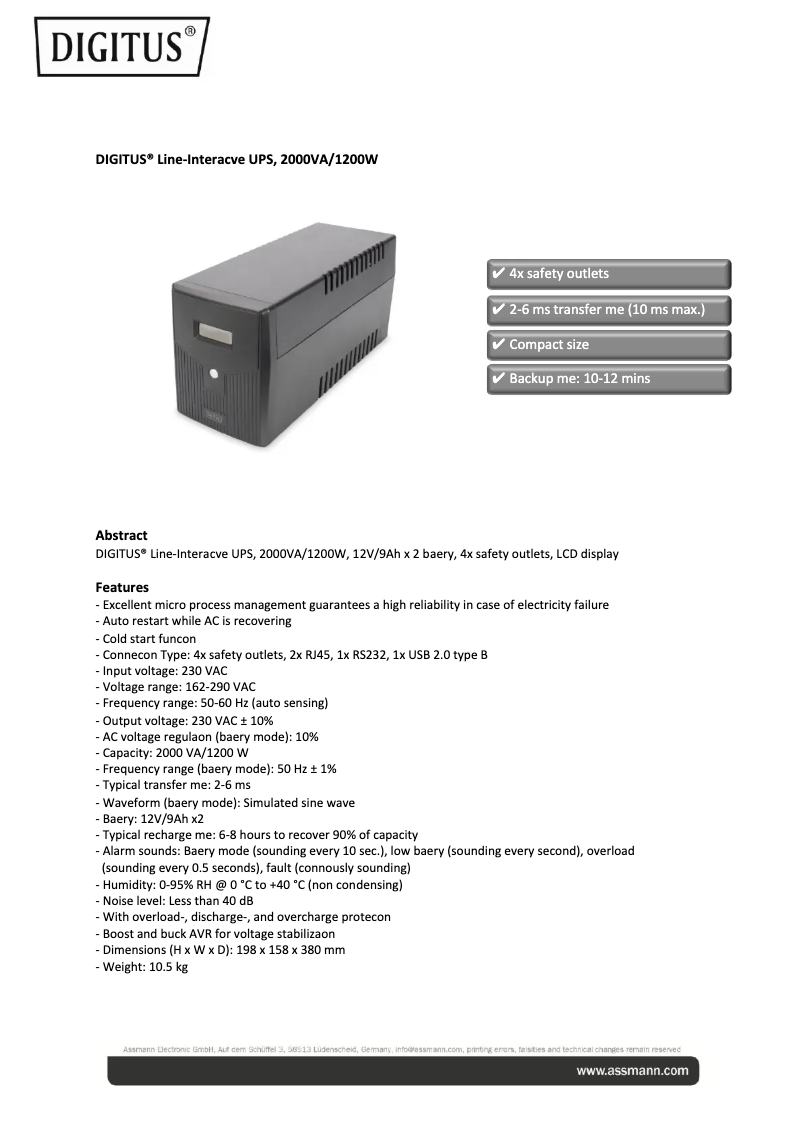 Page 1 of the manual Technical Sheet Digitus DN-170076