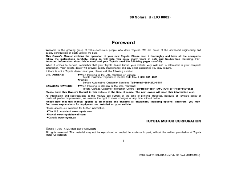 Page 1 of the manual User Manual Toyota Camry Solara (2008)