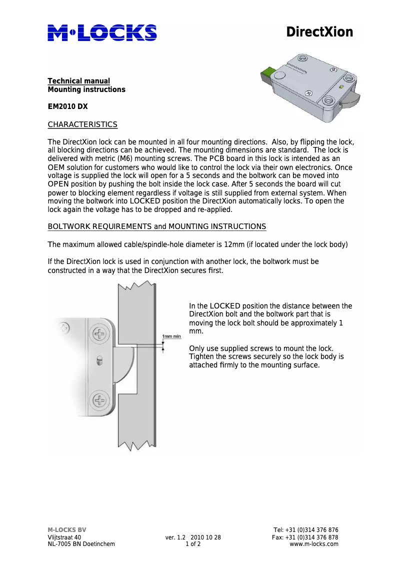 Page 1 of the manual User Manual M-Locks EM2010 DX