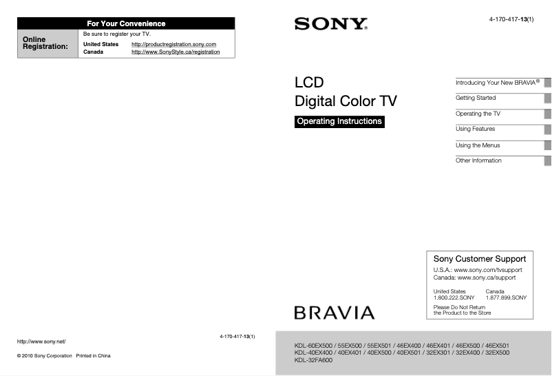 First page image of the manual for Bravia KDL-32FA600