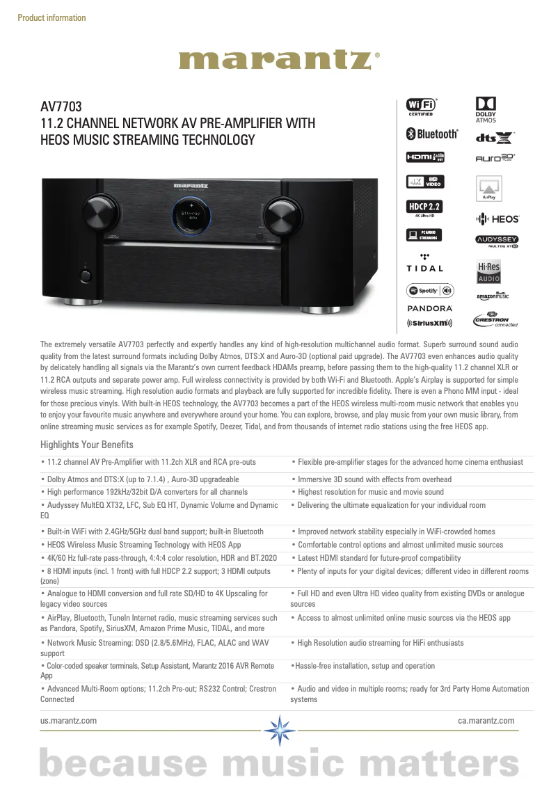 Page 1 of the manual Technical Sheet Marantz AV7703