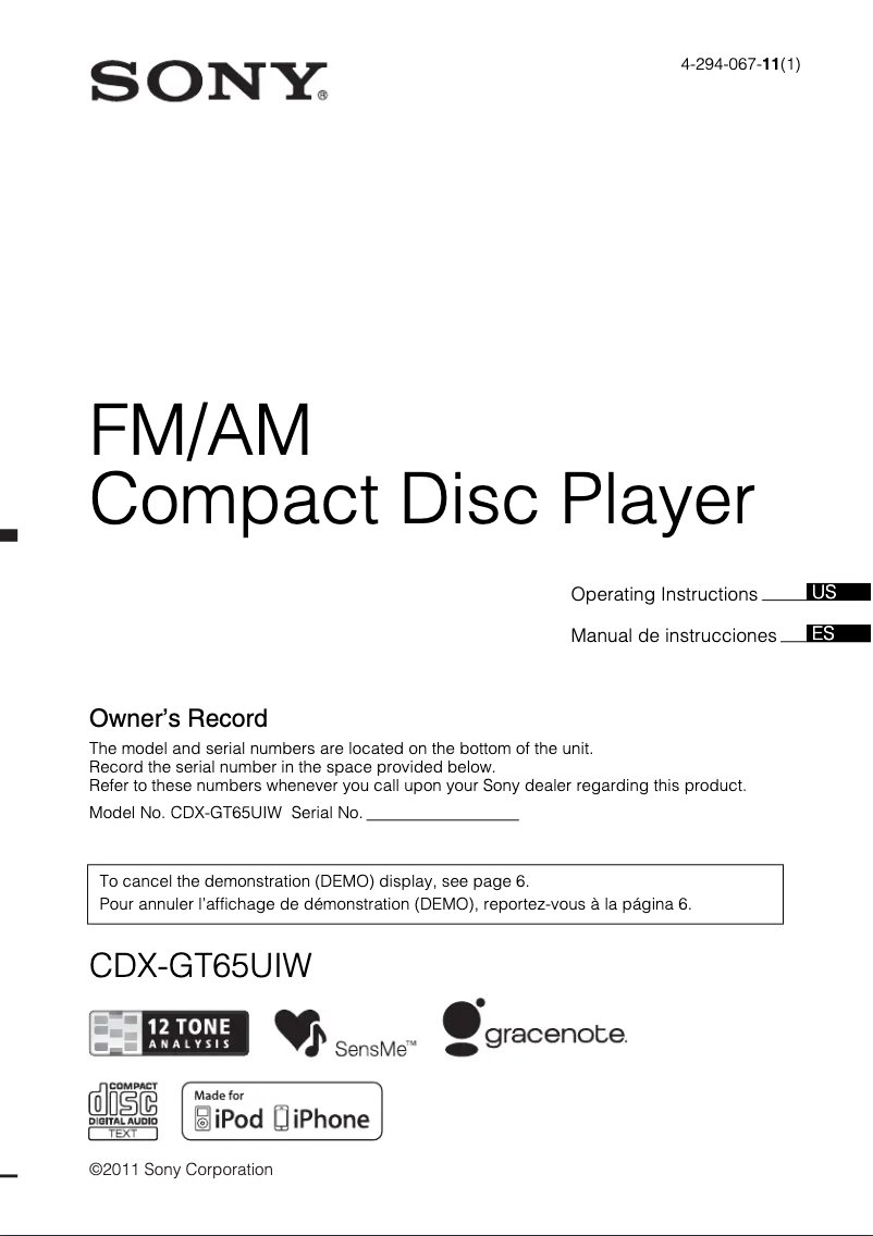 First page image of the manual for CDX-GT65UIW